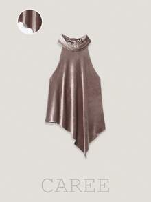 CAREE Women's Spring & Summer Dusty Rose Satin Cowl Neck Back Tie Halter Sleeveless Asymmetric Hem Loose Flowy Blouse Top - Rusty Rose - View 1
