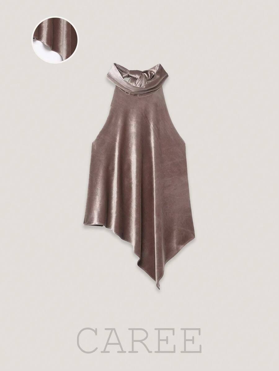 CAREE Women's Spring & Summer Dusty Rose Satin Cowl Neck Back Tie Halter Sleeveless Asymmetric Hem Loose Flowy Blouse Top - Rusty Rose - View 1