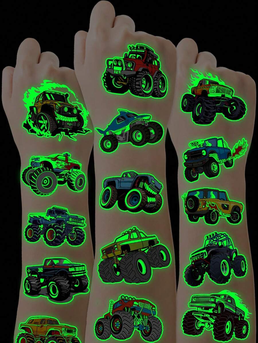 STARTTOOS 6pcs Glow-In-The-Dark Monster Racing Car Off-Road Vehicle Tattoo Stickers, Cool Sports Car Tattoo Set For Birthday Party Decoration - Multicolor - View 1