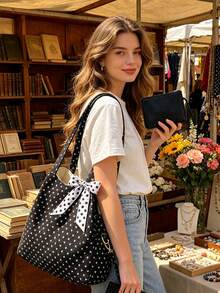 Vintage Star Print Tote Bag Set With Polka Dot Bow, Large Capacity Women Shoulder Handbag With Matching Small Pouch, Multi-Purpose Bag For School Work - Multicolor - View 5