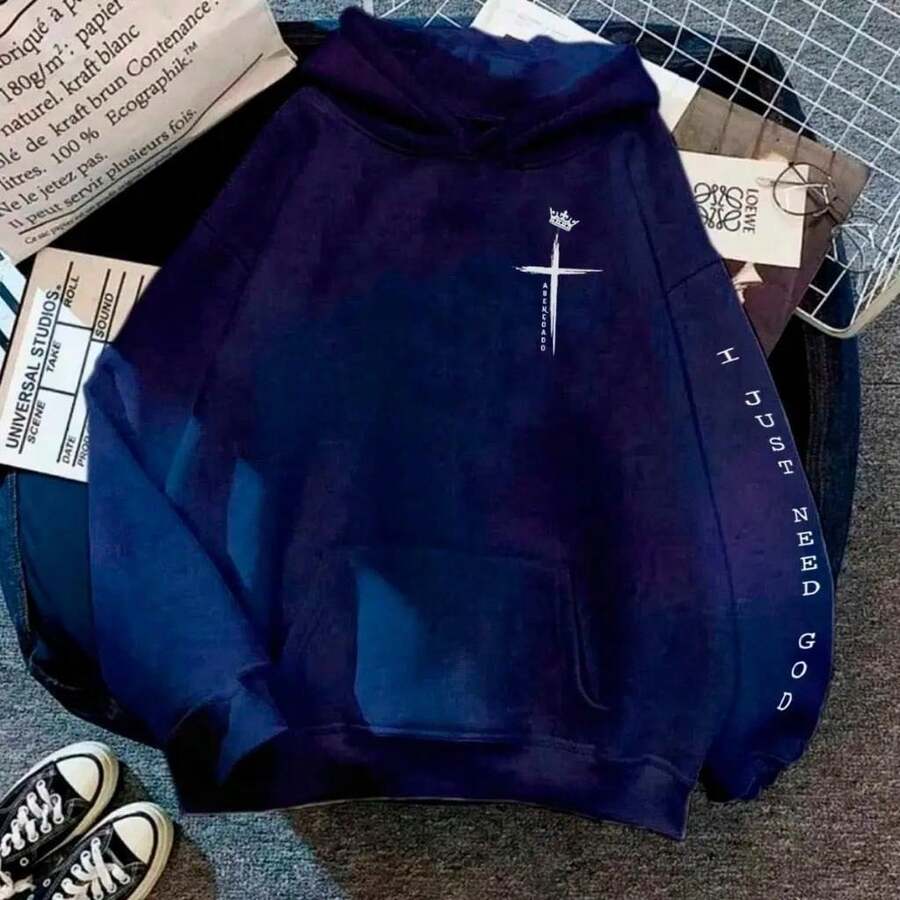 Moletom Canguru Capote C/Capuz Unissex Jaqueta Blusa Casual Só Preciso de Deus Religião Evangelho Verdade Influencer God - Azul - Visão 1