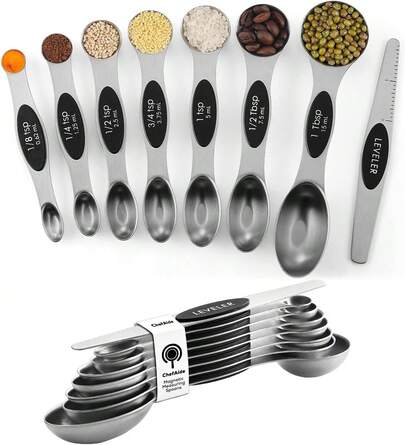 ChefAide Pack Of 8 Stainless Steel Magnetic Measuring Spoons Set, Dual Sided, Stackable, Adjustable Teaspoon And Tablespoon Measure Spoon With
