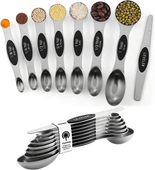 ChefAide Juego de 8 Cucharas Medidoras Magnéticas de Acero Inoxidable, Doble Cara, Apilables, Cuchara Medidora Ajustable de Cucharadita y Cucharada con