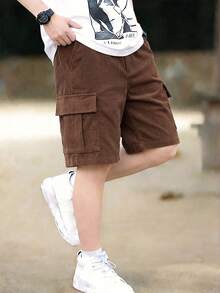 Boys' Dark Brown Corduroy Cargo Shorts, Summer Multi-Pocket Mid-Length Casual Pants, Big Kids - Brown - View 8