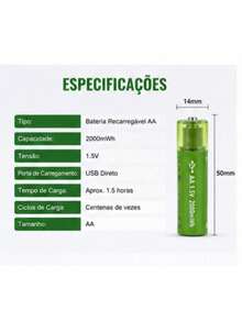 Kit 2 Pilhas AA Carregamento USB Direto 2000mWh 1.5V Uso Domestico - kit 2 pilhas - Visão 7
