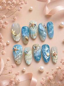 10pcs Medium Almond Shape Press-On Nails, Blue Gradient Ocean Wave Fake Nails, 3D Shell Starfish Conch With Rhinestone Decor, Summer Beach Vacation Style Gel Fake Nails, Suitable For Daily Wear - Multicolor - View 10