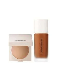 Laura Mercier [حزمة] بودرة مضغوطة مثالية مضيئة حقيقية خالية من العيوب متوسطة 7.5 جرام + كريم أساس مثالي خفيف الوزن مقاوم للماء حقيقي خالي من العيوب 6W1 غاناش 30 مل - غاناش متوسط + 6W1 - مشاهدة 1