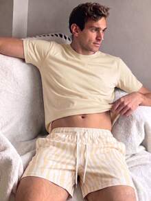 Men's Summer Crew Neck Casual T-Shirt And Casual Shorts Loungewear Set - Apricot - View 1