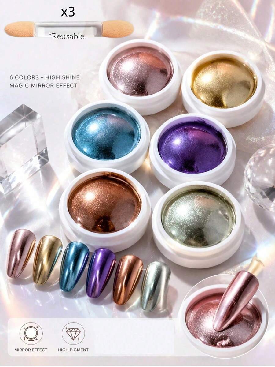 Set de 6 piezas de esmalte de uñas Y2K dorado, plateado y espejo con pegatinas y polvo decorativo, polvo iridiscente de sirena con brillo suave versátil, polvo para decoración de arte de uñas DIY - Multicolor - Ver 1