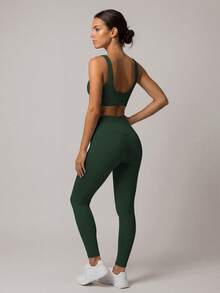 Sodalemon Women Velvet Trim Sport Set Backless V-Neck Gym Bra No Front Seam Velvet Side Lift Buttocks Yoga Leggings Workout Running Training 2 PCS Sets - Olive Green - View 6
