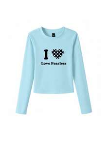 American Street Style Sky Blue Y2K Heart Letter Polka Dot Print Slim Fit Long Sleeve Base Layer T-Shirt For Women, Autumn - Sky Blue - View 5