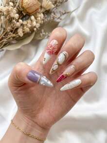 10 piezas de uñas acrílicas postizas largas tipo stiletto hechas a mano, relieve 3D floral magenta y perlado, punta francesa color block morado taro, set de suministros de uñas removibles y reutilizables (incluye pegamento gelatina y lima de uñas) - suministros de uñas góticas para Halloween - Púrpura rojizo - Ver 3