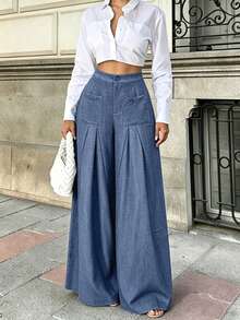 Women's Solid Color Woven Fabric Knot Asymmetric Long Pants, Suitable For Evening Party And Date, Wearable In Spring, Autumn, Winter And All Seasons - Light Blue - View 3