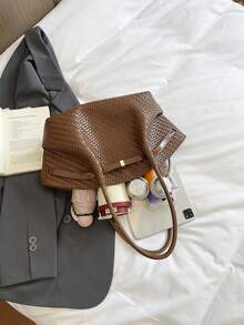 Nuevo bolso tote cuadrado grande con relieve de cocodrilo y accesorios - Marrón - Ver 6