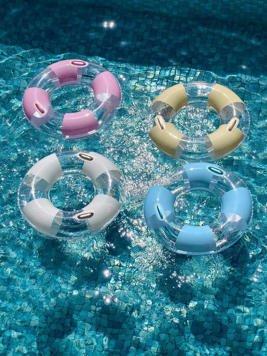 1 pieza Anillo de natación transparente con bloques de color macaron y lentejuelas, con asa opcional, flotador inflable para piscina para adultos, adecuado para nadar en la playa - Multicolor - Ver 1