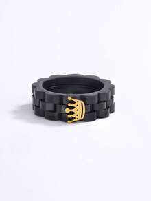 1pc Fashion Minimalist Multi-Color Crown Stainless Steel Ring, Durable & Fade-Resistant, Suitable For Daily Wear, Hot-Selling Jewelry, Luxury Style, Versatile Design - Black - View 4
