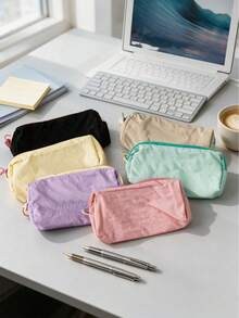 4pcs/1pc Macaron Color Aesthetic Pencil Case, Portable Large Capacity Minimalist Stationery Storage Bag, All-Season Unisex Pencil Pouch, Suitable For Students, Teenagers, Adults, School, Office, Home, Learning, Journaling, Crafting, Daily Use - Multiple Styles - View 5