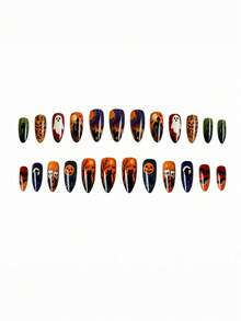 Unhas Postiças Press-On 24 Peças Formato Amendoado Pumpkin Dusk Halloween Desenho Animado Gato Preto e Cruz - Multicolorido - Visão 3