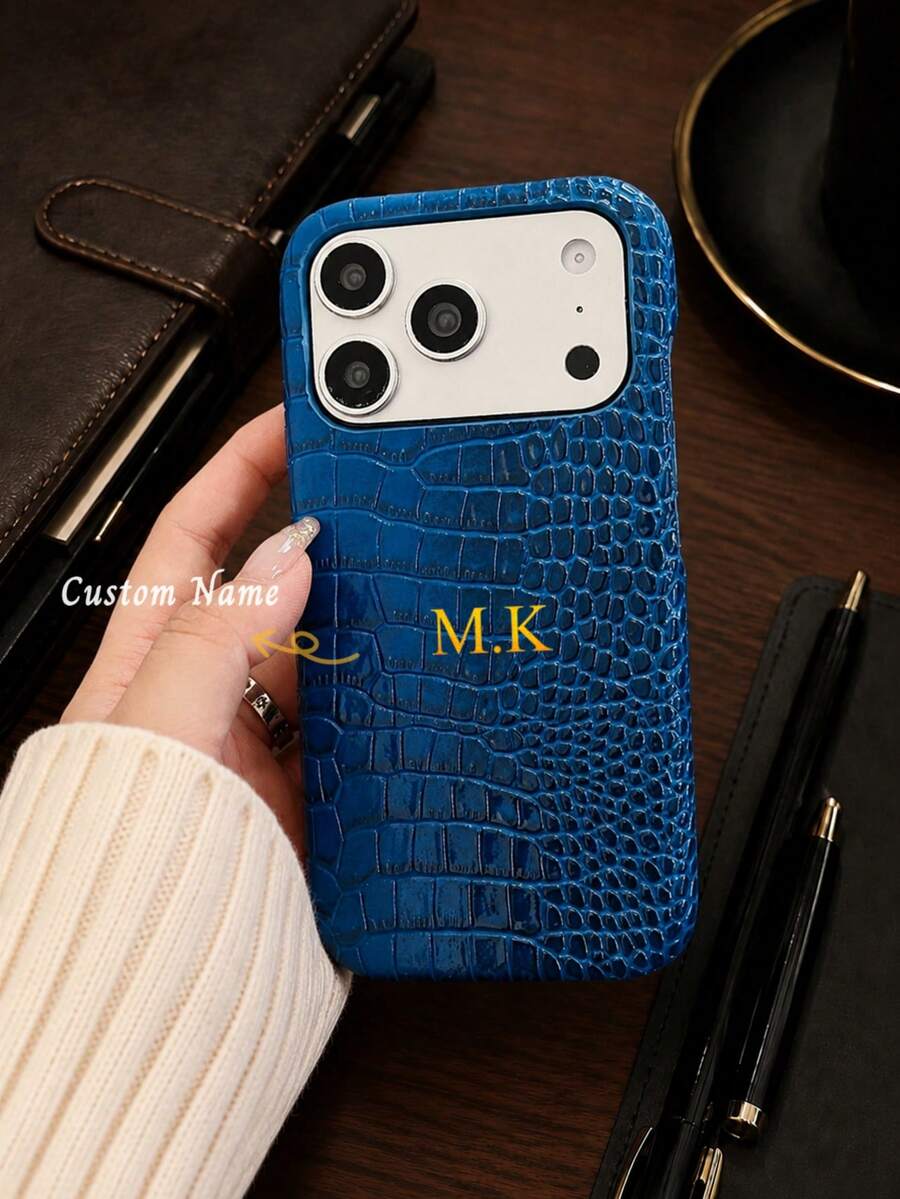 Personalized Gradient Dual-Color Crocodile Texture Leather Phone Case, Custom Letter Name, Compatible With 18 17 16 15 14 13 12 11 Pro XS Max X XR Plus, Birthday Anniversary Wedding Gift, Card Slot Phone Case, Minimalist Protective Shell