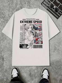 Herren-T-Shirt mit Cartoon-Rennmuster und Anime-Mädchen-Print im Trenddesign - Weiß - Übersicht 1