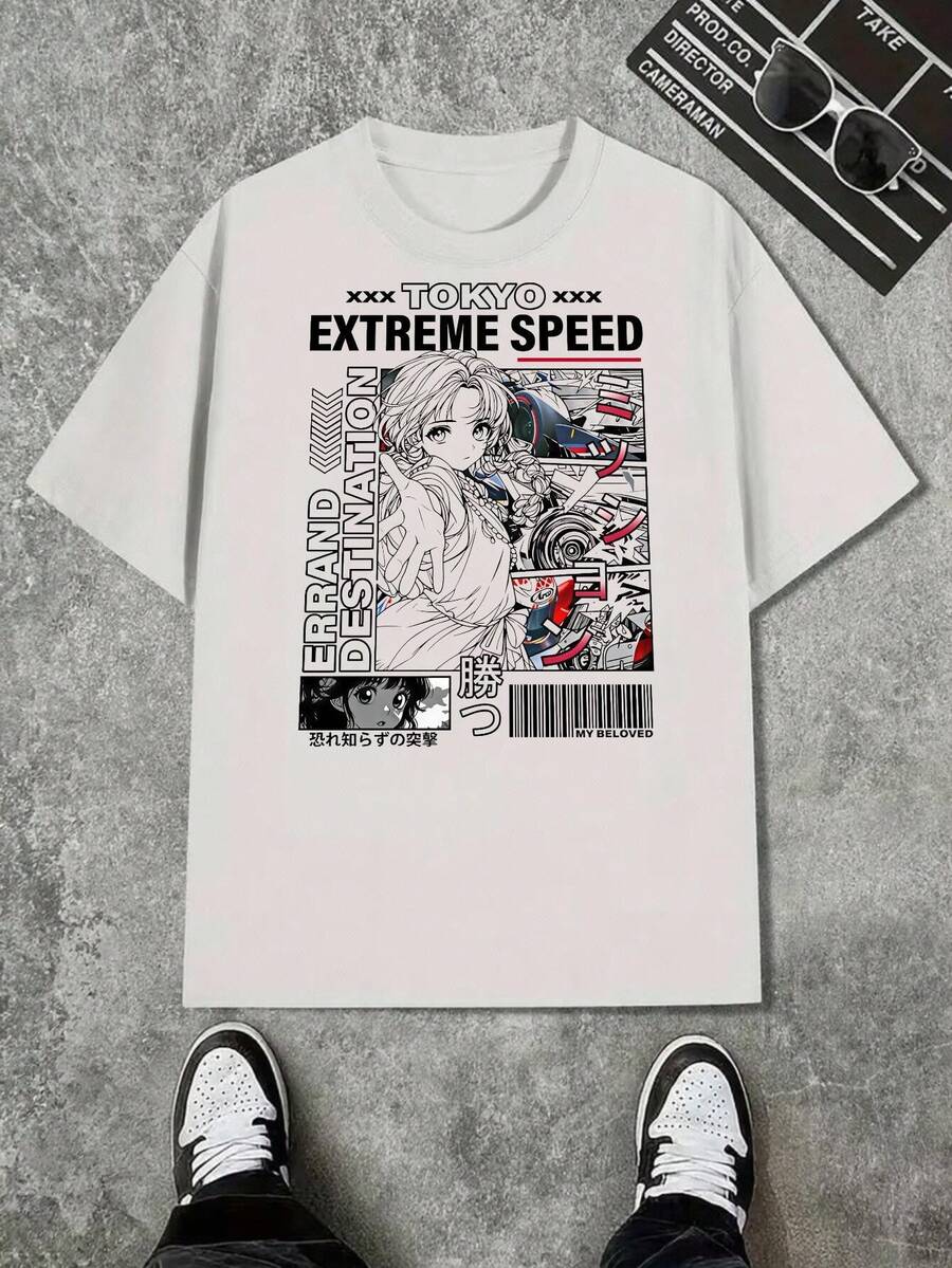 Herren-T-Shirt mit Cartoon-Rennmuster und Anime-Mädchen-Print im Trenddesign - Weiß - Übersicht 1