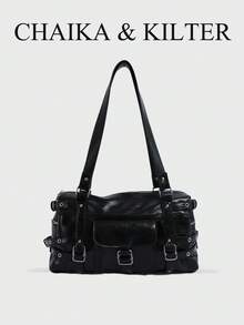 1pc Solid Color Shiny PU Fabric Women's Fashion Casual Shoulder Boston Pillow Bag With Metal Eyelet Decor, Multi-Pocket Design, Double Handle Zipper Closure, Suitable For Daily Shopping - Black - View 1