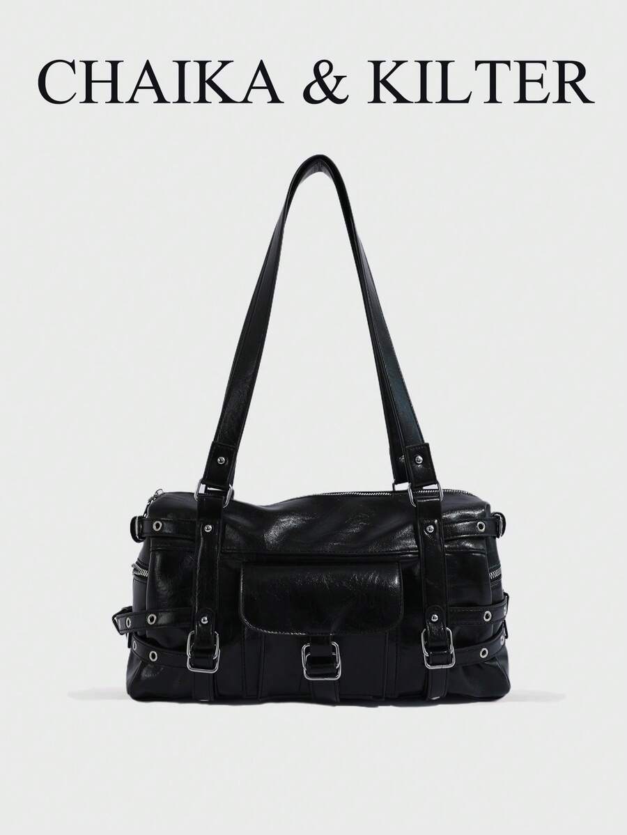 1pc Solid Color Shiny PU Fabric Women's Fashion Casual Shoulder Boston Pillow Bag With Metal Eyelet Decor, Multi-Pocket Design, Double Handle Zipper Closure, Suitable For Daily Shopping - Black - View 1