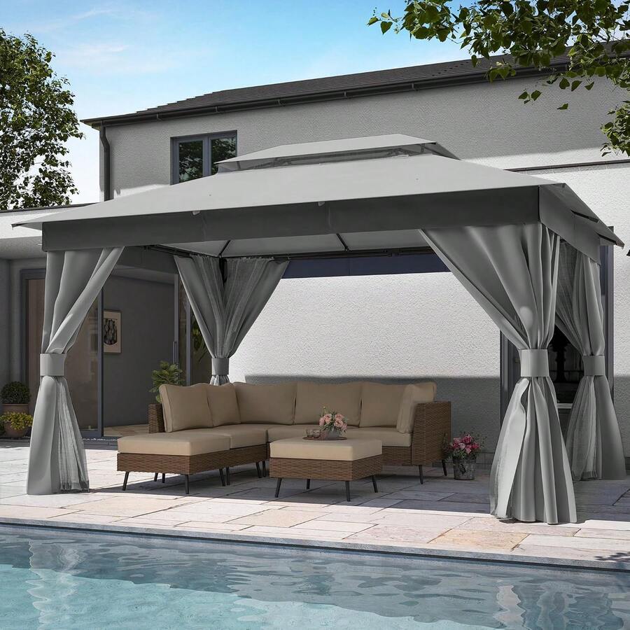 10x13 Ft Outdoor Gazebo, Galvanized Steel Frame Patio Canopy Tent W/ Double Roof, Zippered Mosquito Netting & Privacy Curtains For Backyard Garden - 1 - View 1
