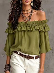 Women's New Off-Shoulder Ruffle Hem Solid Color Blouse, Fashionable Minimalist Style For Dates, Casual, Office Wear In Summer - Olive Green - View 2