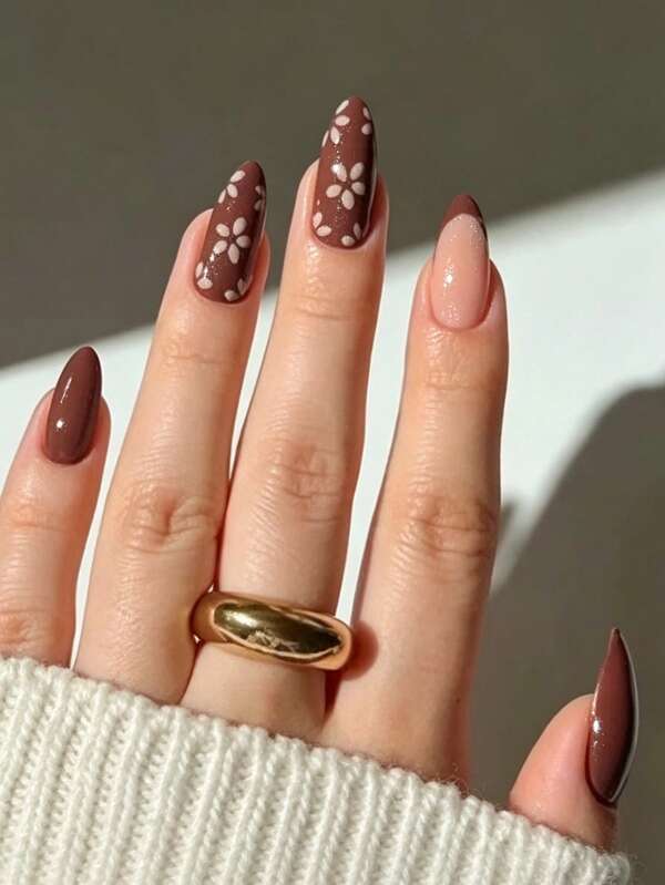 24pcs Almond-Shaped French-Style Nail Stickers With Hand-Painted White Small Flowers In Chestnut Brown Featuring A Vintage And Gentle Atmosphere Ideal For Female Students Girls And Office Workers For Daily Commutes Dates Self Adhesive