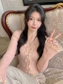 Women's Korean Style V-Neck Ruffle Lace Button-Front Top, Vertical Ribbed Elastic Waist Cropped Flare Sleeve Knit, Early Autumn, Photo Pink Fall - Pink - View 4