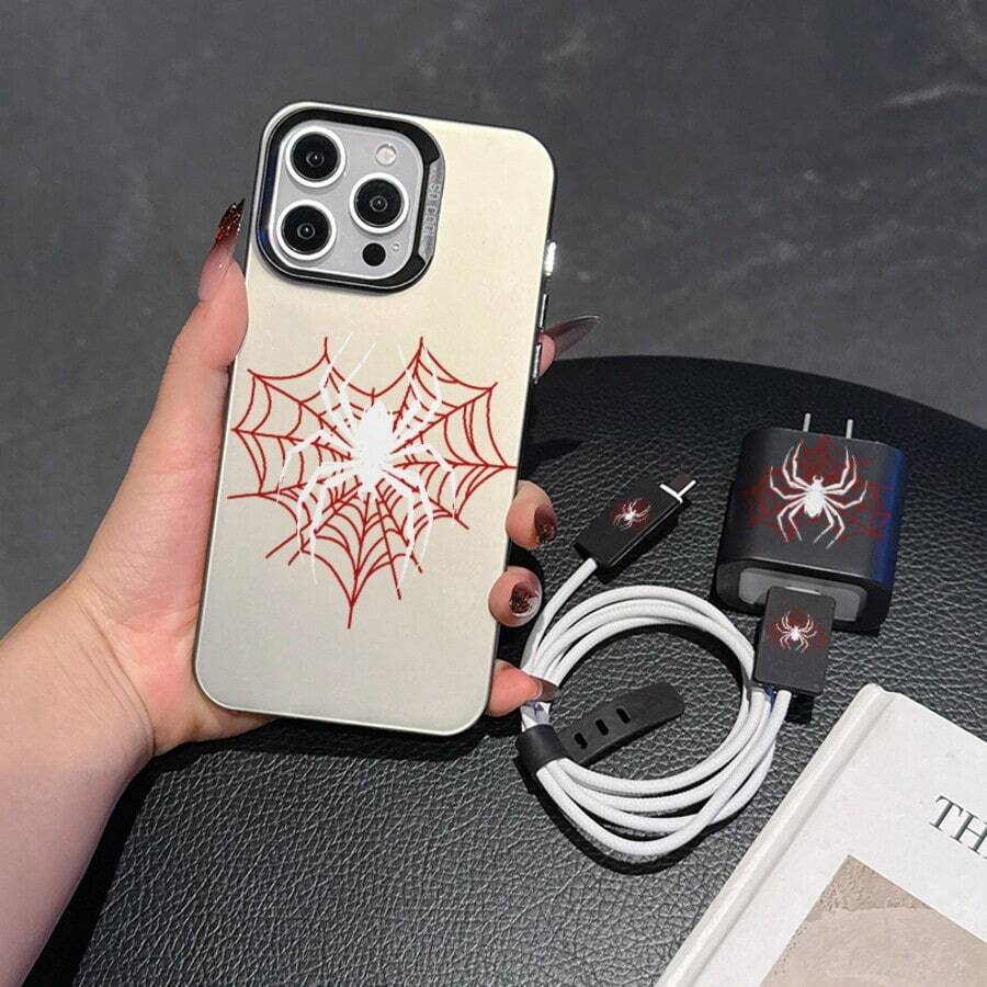 5件組活力黑白蜘蛛手機殼圖案 + 充電頭保護套 + 線材保護套 + 收納繩 TPU 防震保護殼,適用 Apple 17 16e 16 15 14 13 12 11 Pro Max Air X XR XSMAX 8 7 Plus,防震磨砂背蓋,智慧型手機保護殼,日常使用殼,時尚手機配件,創意設計,UV 列印設計,時尚保護殼,時尚愛好者,音樂愛好者,生日禮物首選 - 彩色 - 查看 1