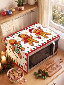 1Pc Christmas Microwave Dust Cover With Cute Gingerbread Man&Candy Pattern, Xmas Red Border Polyester Microwave/Oven/Stovetop Cover, Microwave Appliance Cover, Kitchen Dust-Proof Protector, Merry Christmas Holiday Decor, Christmas Decoration, Kitchen Decor, Holiday Table Decor, Home Decor - Christmas C - View 3