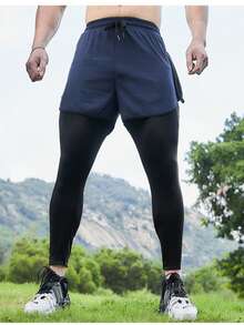 Men's 2-In-1 Sports Fitness Compression Leggings With Phone Pocket Anti-Shock Shorts Integrated Running Training Pants Quick-Dry Elastic - Blue - View 4