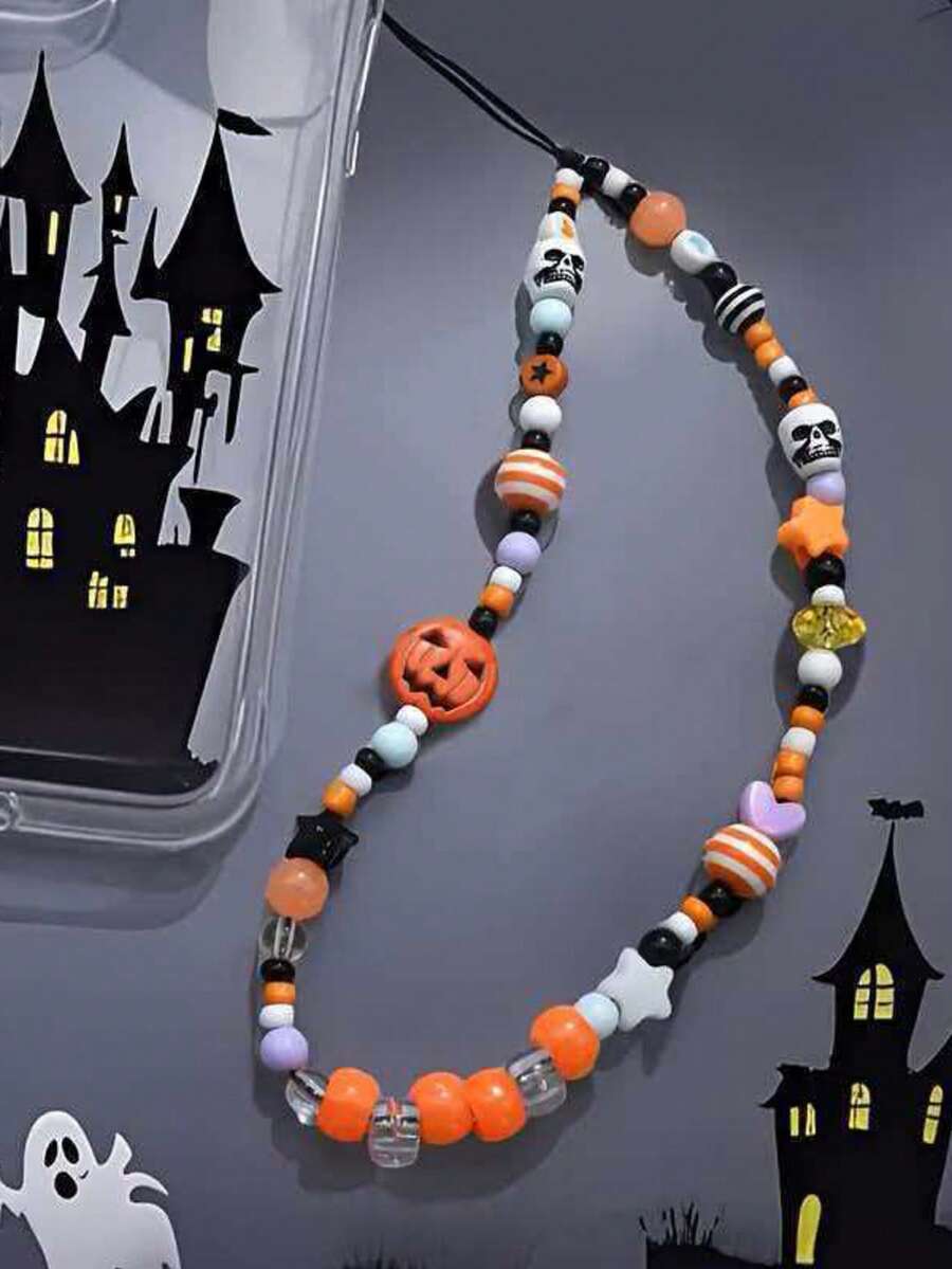 Halloween Seed Bead Phone Chain Skull Pumpkin Ghost Lanyard Beaded String Fashion Bag Camera Charm Accessory - Multicolor - View 1