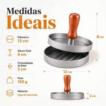 Forma Prensadora de Hambúrguer Caseiro | Modelador de Carne com Cabo de Madeira | 12cm - Prata - Visão 6