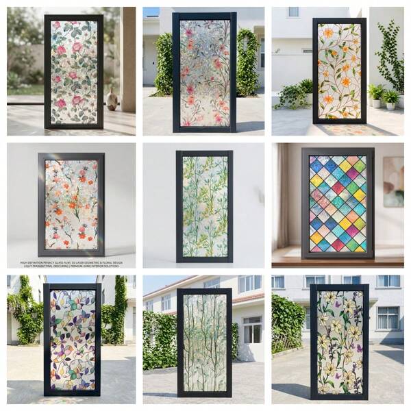 Multiple Styles Stained Glass Window Film, Floral Geometric Leaf Pattern Static Cling No Glue Iridescent Privacy Window Sticker, Decorative Window Cover For Bathroom Bedroom Balcony Home Decor