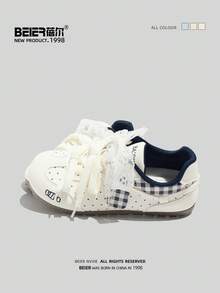BEIER Women's Contrast Color Cartoon Casual Shoes, Patchwork Sports Lace-Up Round Toe Low-Top Leather Flat Sneakers - Blue and White - View 7