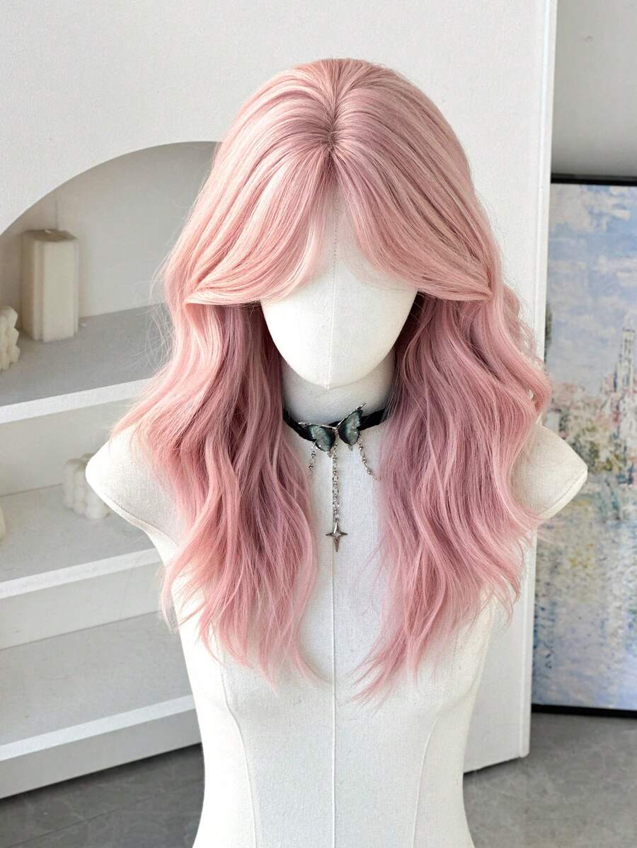 20 Inch Medium Length Pink Curly Wig For Women Shoulder Length Wavy Wigs With Curtain Bangs, Natural Synthetic Heat Resistant Fiber Hair Wig For Girls Daily Party Use - Multicolor - View 1