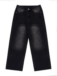 Y2K Hip Hop Style Men's Washed Black Wide Leg Jeans, Decorative Faux Back Pockets With Star Embroidery, Street Casual Long Pants - Black - View 7