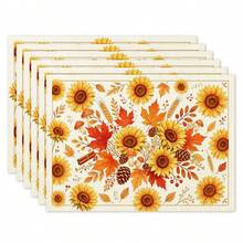2pcs/4pcs/6pcs Autumn Sunflower Pattern Kitchen Dining Table Tray Mats, Square Tray Mats, Table Mats, Holiday Table Decor, Seasonal Home Decor, Holiday Decor, Thickened Linen Material, Perfect For Holiday Dining Room And Kitchen Decor - Multicolor - View 12