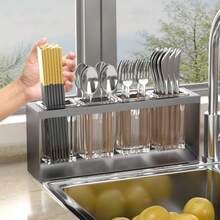 Clear Glass Tube Silverware Caddy, Punch-Free Countertop Cutlery Drainer Rack, Multifunctional Kitchen Chopstick Fork Spoon Storage Holder 2 Colors Optional - Multicolor - View 5
