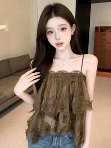 Atasan Camisole Renda Multilayer Gaya Lembut dan Tahan Lama untuk Wanita, Desain Asimetris Kasual Musim Panas - Coffee Brown - View 3