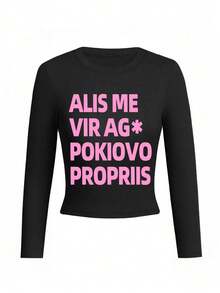 New Black Short Long Sleeve T-Shirt Women Y2K Generation Fun Pink English Print Spring Autumn Korean Style Crew Neck Versatile Casual Slim Fit Top - Black - View 8
