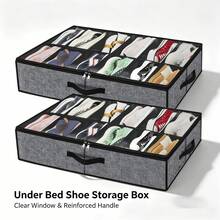 1pc Under Bed Shoe Organizer, Foldable Grid Storage Bag, Extra Large Non-Woven Fabric Transparent Visible Dustproof Storage Bag, Fits 12 Pairs Of Shoes, Space Saving, Clear Window, Multipurpose Bedroom Closet Storage, Christmas Gift - Black - View 4