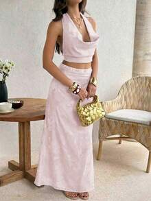 Elegant Women's Light Pink Two Pieces Outfit, Halter Neck Cowl Top With Matching Maxi Skirt Set, Perfect For Summer Casual Or Formal Events - Pink - View 3