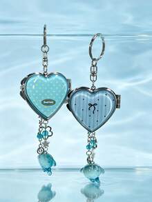 Cute Heart Shaped Foldable Mirror Keychain With Mini Whale Pendant, Sweet Dotted Striped Pattern Portable Makeup Mirror Bag Charm Key Ring Gift For Gi - Baby Blue - View 2