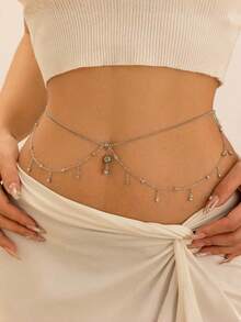 1pc Niche Design Rhinestone Waist Chain, Double Layer Draped Body Chain, Premium Gold Waist Accessory (Handmade Rhinestone Chain, Random Rhinestone Placement) - Multicolor - View 2
