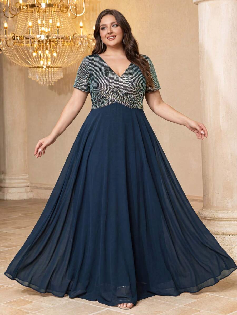 UNITHORSE Plus Size Women Elegant V-Neck Short Sleeve Sequin Patchwork Chiffon Cocktail Party Dress - Navy Blue - View 1