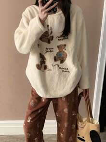 2pcs/Set Women's Crew Neck Loungewear Cute Cartoon Bear Pattern Lace Trim Winter Flannel Long Sleeve Long Pants Pajama Set - Apricot - View 4